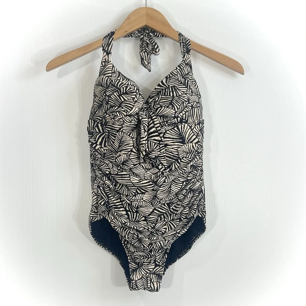 Seafolly Palm Print One‎ Piece Halter Swimsuit 8 Black Tan Tie Back Resort Vacay